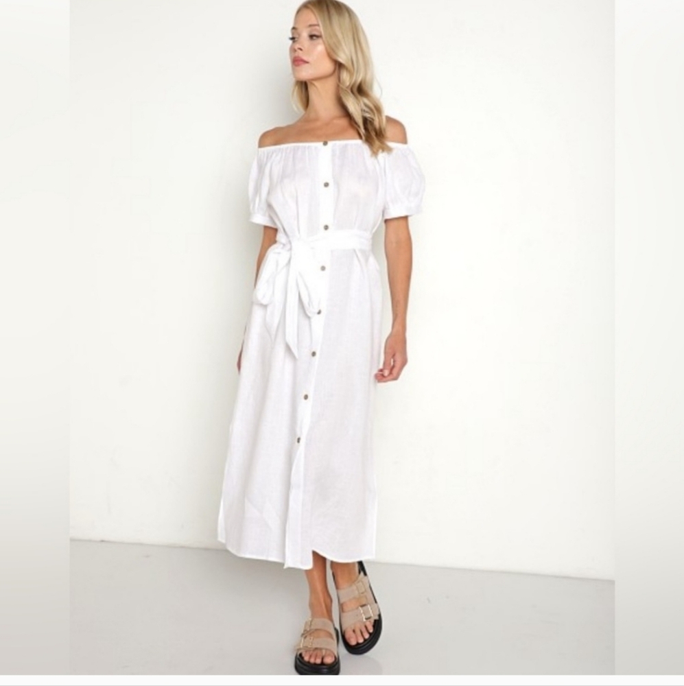 Eberjey The Harper White Midi Dress NWT Size S 100% Linen Natural Fibers